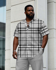 Men's Plus Size Gray Check Short Sleeve Shirt Trousers Suit