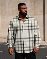 Big & Tall Men's Business Check Rice White Printed Long Sleeve Shirt
