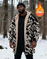 Big & Tall Men's Vintage Black And White Geometric Camouflage Printed Velvet Thickened Long Hooded Coat