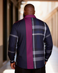 Big & Tall Men's Navy Purple Stitching Pattern Printed Long Sleeve Shirt