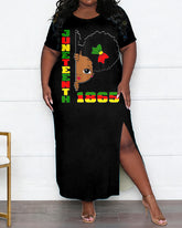 Women's Large Size Juneteenth 1865 Cartoon Head Print Side Slit Short Sleeve Dress
