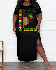 Women's Large Size Juneteenth 1865 Cartoon Head Print Side Slit Short Sleeve Dress