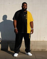 Men's Big & Tall Black & Yellow Colorblock Signature Printed Short-sleeved T-shirt Trousers Set