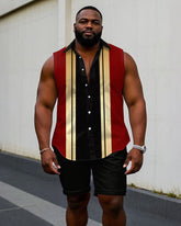 Men's Plus Size Black & Red Colorblock Sleeveless Vest Shirt Shorts Suit