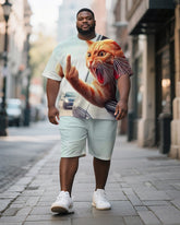 Men's Plus Size Blue Fun Cat Print Short Sleeve T-Shirt Shorts Suit