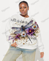 Women's Plus Size Dragonfly and Musical Notes Print Long Sleeve Sweatshirt