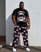 Black Street Fashion Pink Flame Love Heart & Large Lip Pattern Print