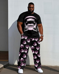 Black Street Fashion Pink Flame Love Heart & Large Lip Pattern Print