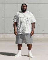 Men's Plus Size Light Gray Line Bear Print Short Sleeve T-shirt Shorts Suit