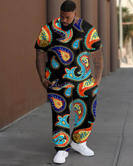Men's Large Cashew Flower Print T-Shirt Pants Suit