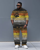Men's Plus Size Bear Claw Color Block Printing Long Sleeve Shirt Trousers Suit