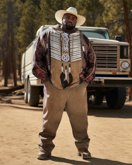 Men's Plus Size Ethnic Style Diamond Brown Hoodie Two Piece Set