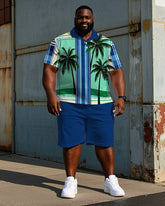 Men's Big and Tall Hawaiian Coconut Tree Stripe Printed Short Sleeve Polo Shirt Shorts Set