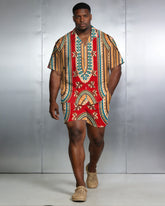 Men's Large Size Red Retro Short Sleeve Shirt Shorts Set