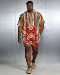 Men's Large Size Red Retro Short Sleeve Shirt Shorts Set
