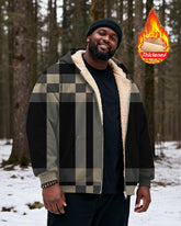 Big & Tall Men's Black And Brown Plaid Printed Velvet Thickened Zipper Hoodie