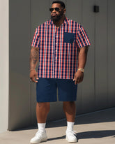 Big & Tall Guy's Classic Red Plaid Stitching Print Short Sleeve Shirt Shorts Set