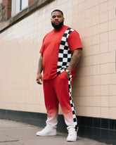 Big Boy Daily Casual Fox Red Chessboard Black And White Plaid Crewneck Short Sleeve T-Shirt Pants Suit