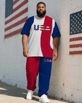Men's Plus Size Independence Day Blue And Red Color Block Geometric USA Letter Printed T-shirt Trousers Suit