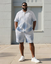 Big & Tall Men's Business Blue Gradient Geometric Print Short Sleeve Polo Shirt Shorts Suit