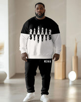 Men's Simple Black And White Color Block King Letter Print Plus Size Round Neck Sweatshirt Suit