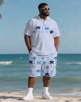 Big Men's Hawaiian Theme Coconut Trees Stripe Style Short Sleeve Polo Shirt Shorts Suit