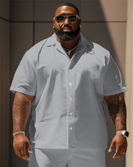 Big Men's Versatile Grey Solid Color Short Sleeve Shirt Shorts Set