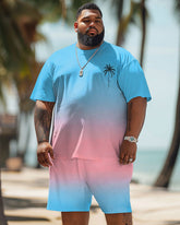 Big Men's Hawaiian Gradient Coconut Tree Print T-Shirt Shorts Set