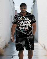 Big Men's PRISON Artistic Letter Chain Graffiti Short Sleeve Polo Shirt and Shorts Set