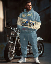 Men's Street Fashion Blue Motorcycle Letters Plus Size Hoodie Suit