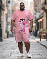 Men's Plus Size Pink Graffiti Sunglasses Cartoon Print Short Sleeve T-Shirt Shorts Suit