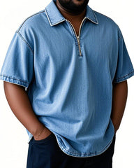 Men's Plus Size Washed Denim Zipper Stand Collar Short Sleeve Shirt