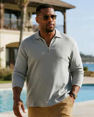 Big & Tall Men's Business Solid Color Long Sleeve Zipper Polo Shirt