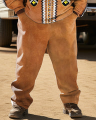 Men's Plus Size Ethnic Style Diamond Brown Hoodie Two Piece Set