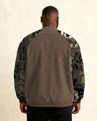 Big & Tall Men's Brown Alphabet Graffiti Print Zip Long Sleeve Jacket