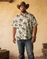 Men's Plus Size Western Denim Quartet Continuous Cotton Printed Short Sleeve Shirt