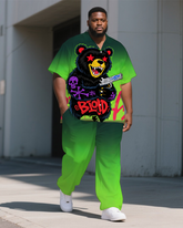 Men's Hip Hop Bear Cartoon Gradient Effect Casual Short Sleeve Shirt and Pants Set