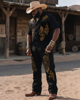 Big & Tall Men's Western Wind Desert Thorns Print Short Sleeve Shirt Trousers Suit