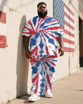 Men's Plus Size Independence Day Tie-dye Color Block Red And Blue Printed T-shirt Trousers Suit