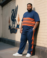 Big Boy Daily Casual Prussian Blue Spelling Hermes Orange Striped Crewneck Short Sleeve T-shirt Flame Trousers Suit