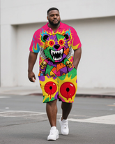 Big Men's Hip Hop Style Cartoon Bear Printed Casual Short-Sleeve Polo Shirt Shorts Set