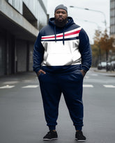 Men's Large Size Blue Color Block Casual Hoodie and Sweatpants Two Piece Set