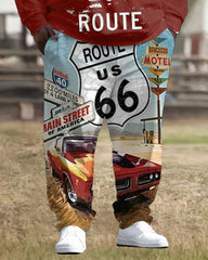 Big Men's Street Fashion Western Route 66 Graphic Print Hoodie Set