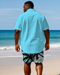 Men's Plus Size Hawaiian Holiday Bright Blue Short Sleeve Shirt Shorts Suit