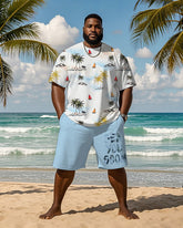 Big & Tall Men's Hawaiian Blue Coconut Sailing Print Round Neck Short Sleeve T-Shirt Shorts Suit