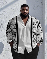 Men's Plus Size Business Black And White Retro Pattern Printed Long Sleeve Shirt