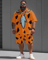 Big Men's Vintage Nostalgic Movie Orange Shirt Shorts 2-Piece Set