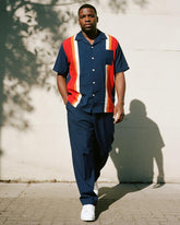 Big & Tall Men's Business Blue Colorblock Stripe Printed Pocket Short Sleeve Shirt Trousers Suit