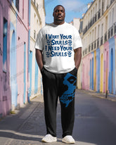 Men's Plus Size Street Fashion Rock Skull Alphabet Print T-Shirt Trousers Suit
