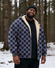 Big & Tall Men's Navy Gray Plaid Printed Velvet Padded Zipper Hoodie